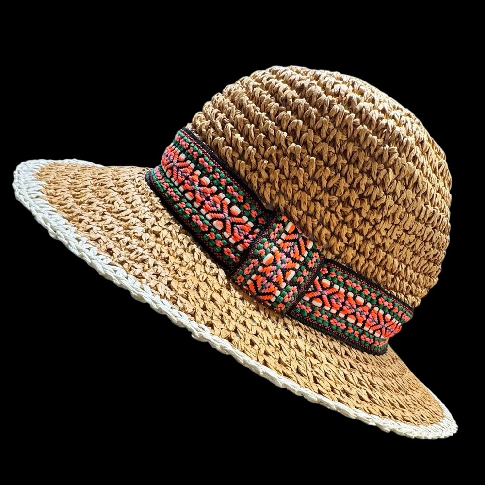 Echo Panama Eco-Friendly Tan 100% Paper Hat w/ Andean vibe Neon‎ Color Band EUC